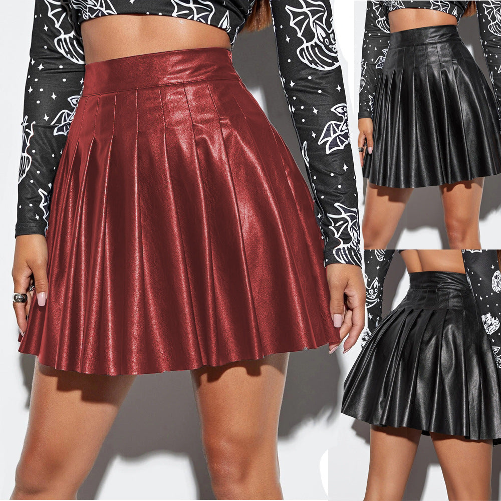 Sexy Faux Leather Pleated Skirt