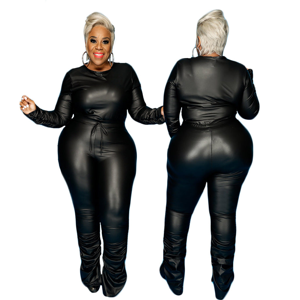 Plus Size Bright Leather Long Sleeve Two-Piece Suit