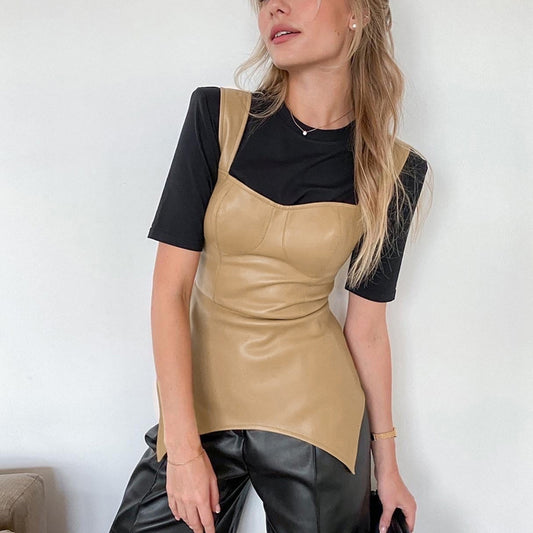 Niche Street Style Design Solid Color Faux Leather Strappy Tube Top