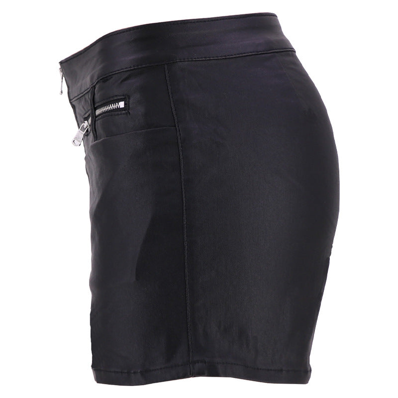 Faux Leather Denim Type Zipper Shorts