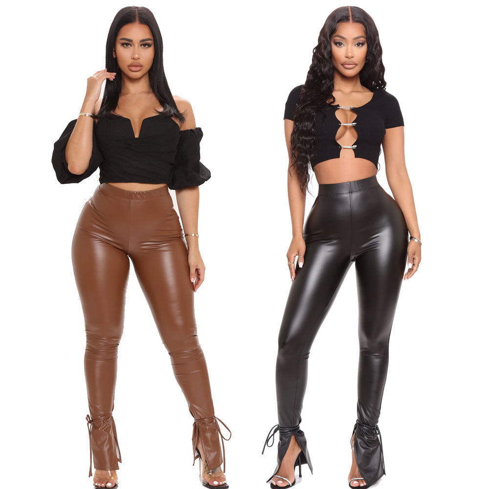 Tight High Elastic Flared Side Slit Faux Leather Trousers