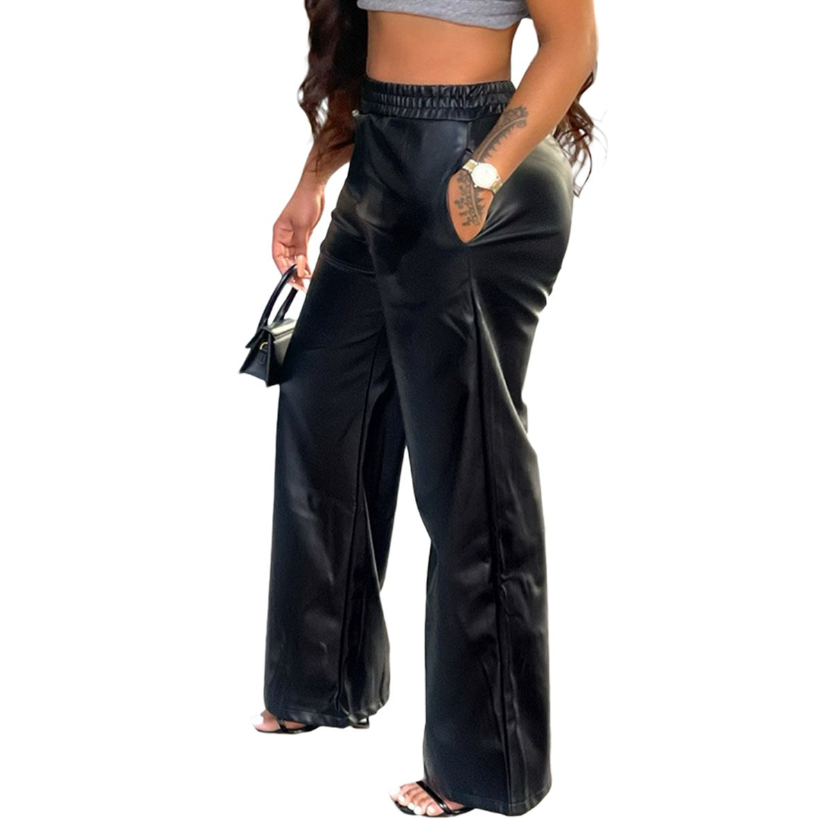 Solid Color Loose Wide Leg Pocket Faux Leather Pants