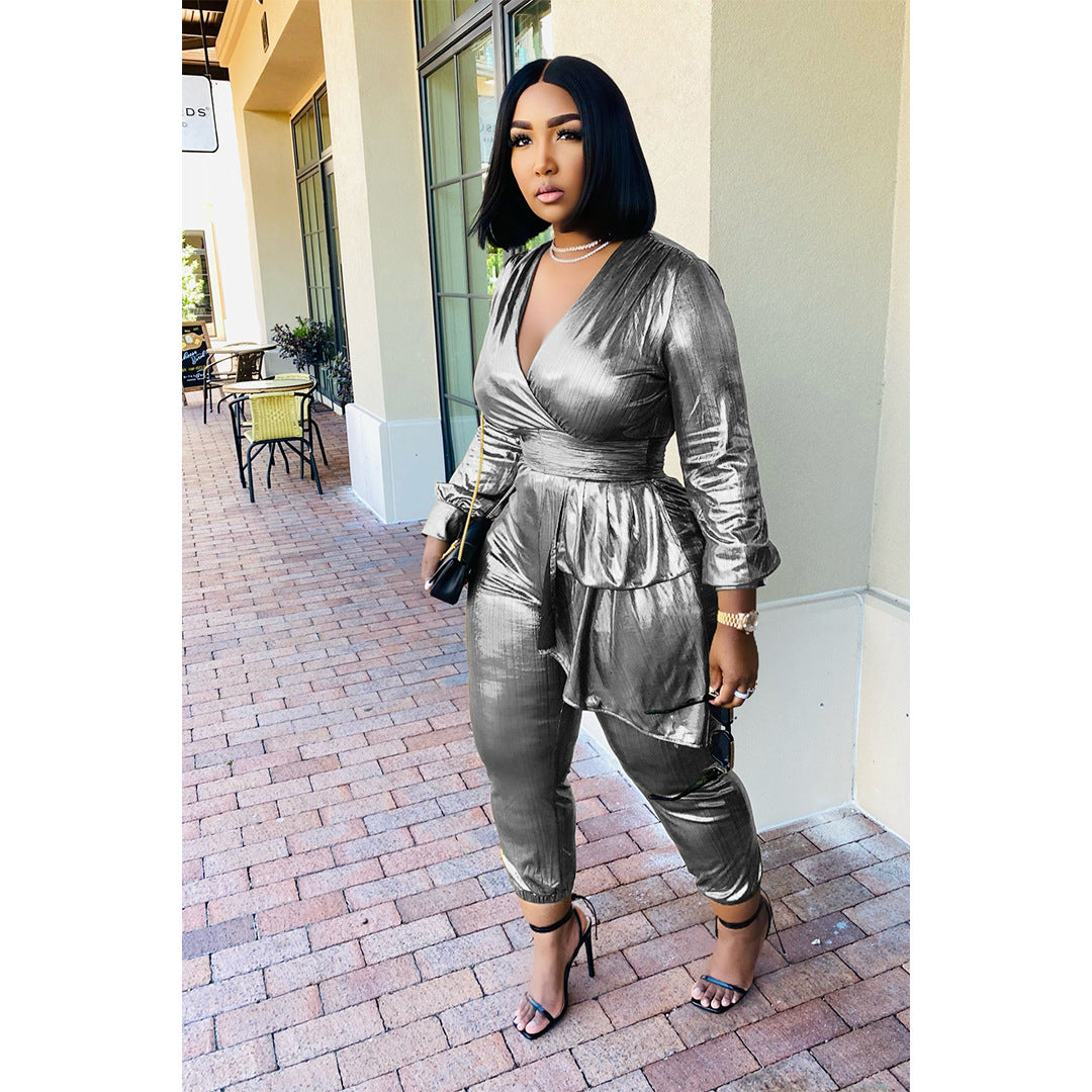 Bronzing Sunken Stripe Pleated Zipper V neck Jumpsuit