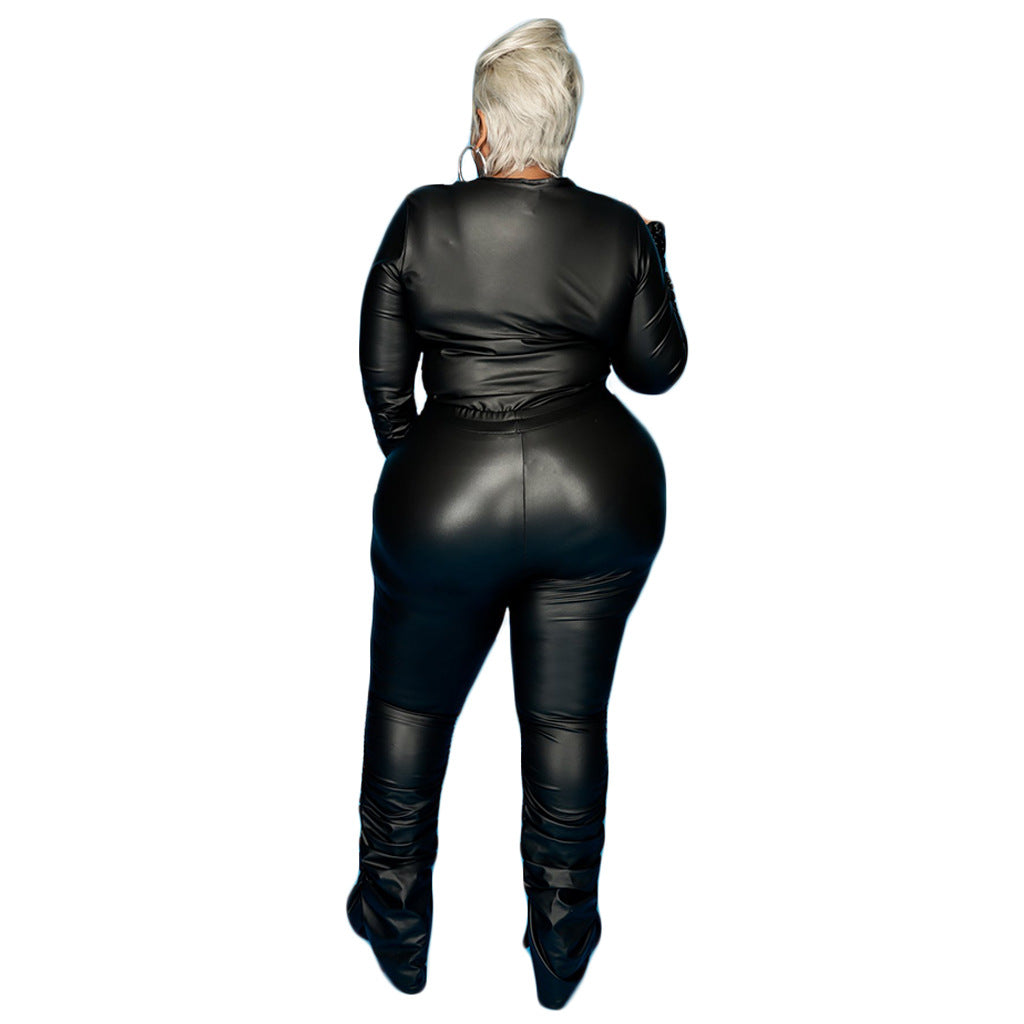 Plus Size Bright Leather Long Sleeve Two-Piece Suit