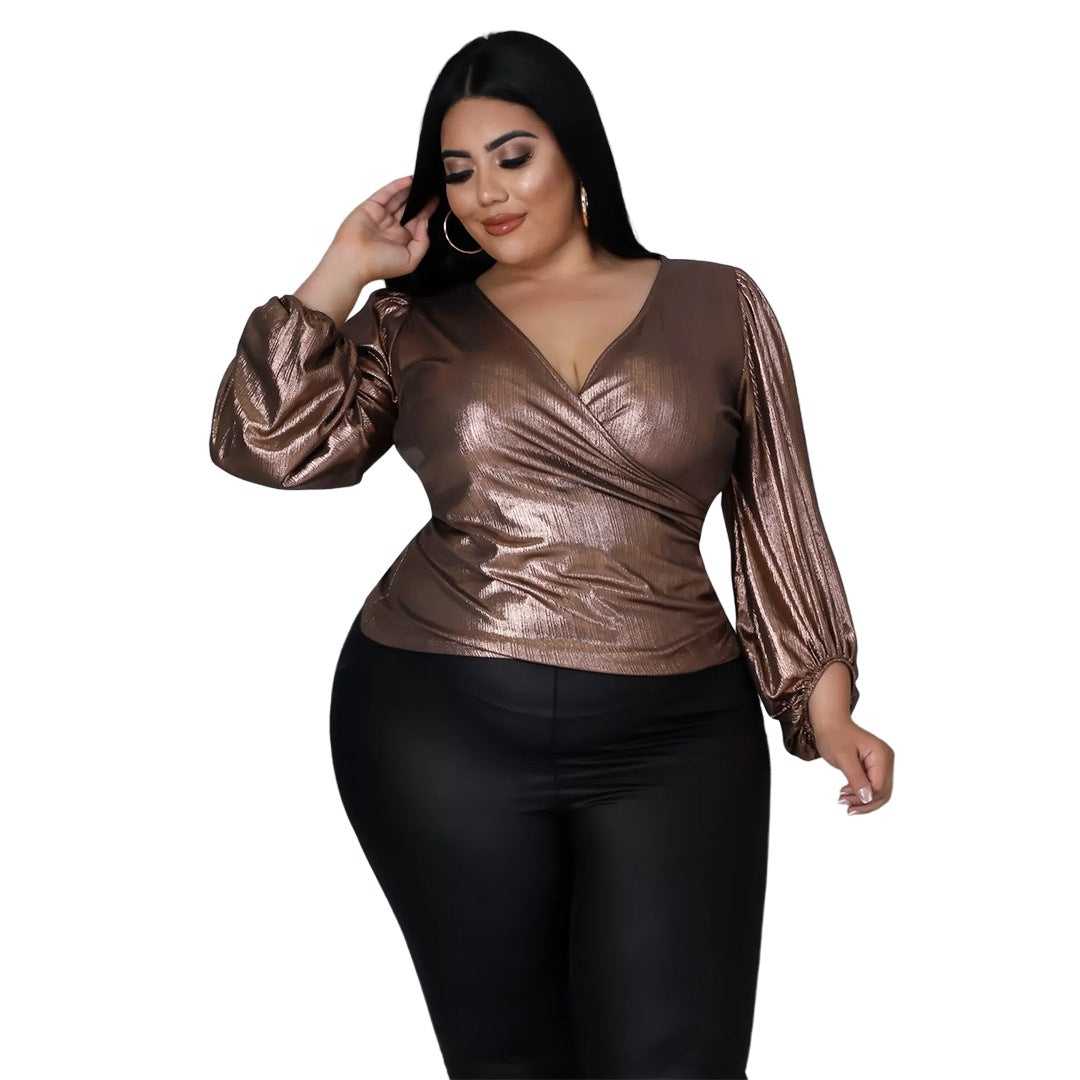 Plus Size Nightclub Fashion Bronzed Fabric V-neck Pleated Drawstring Sleeve Top