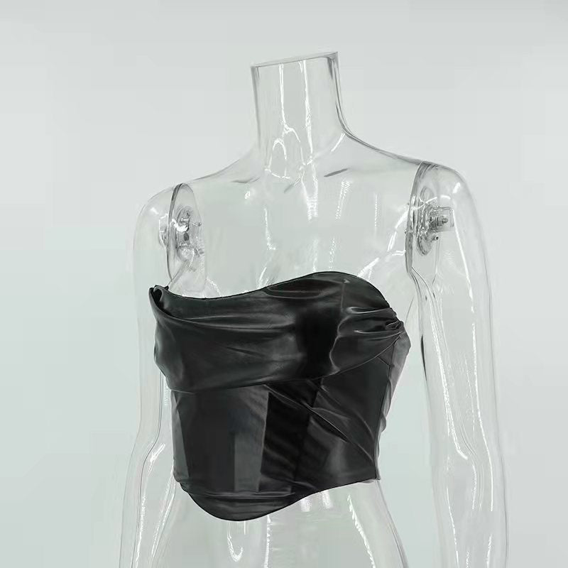 Sexy Faux Leather Wrapped Chest Backless Tube Top Corset