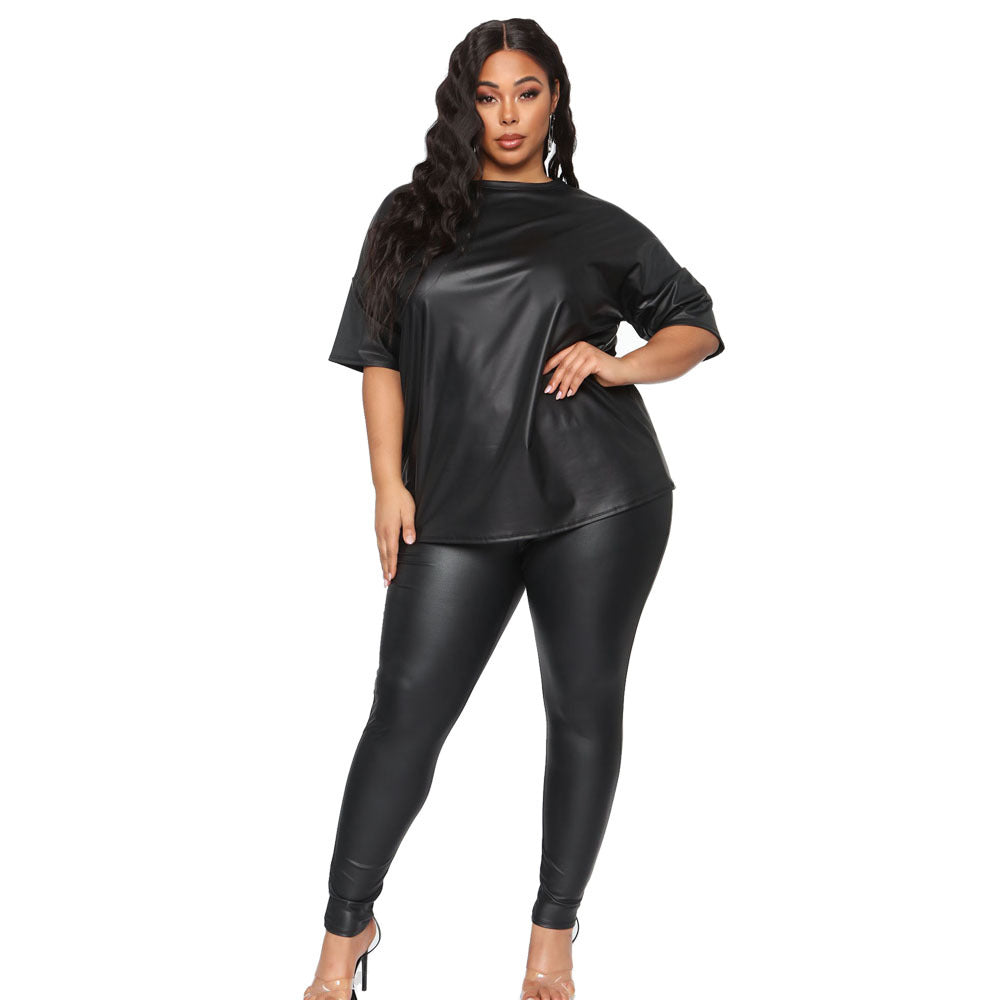 Plus Size Leather Short Sleeve Slim Trousers Casual Blazer