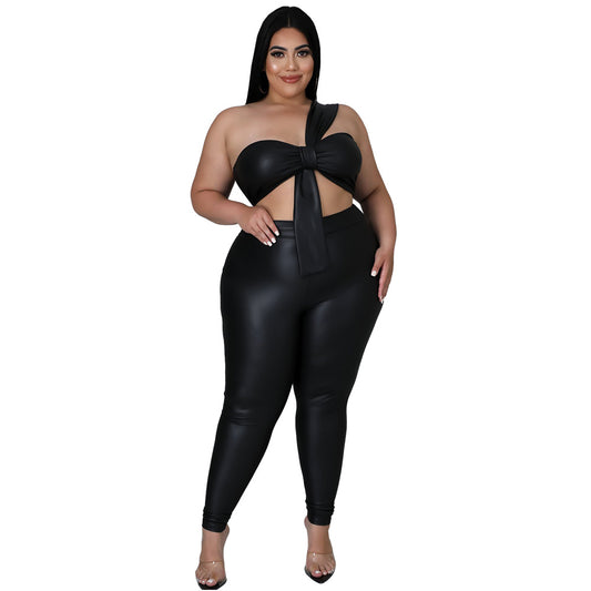 Plus Size High Elastic Leather Skinny Hip Lift Sexy Two-Piece Suit