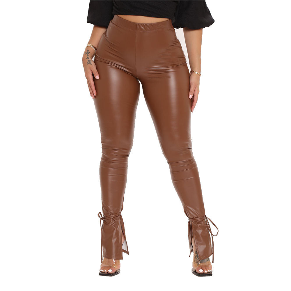 Tight High Elastic Flared Side Slit Faux Leather Trousers