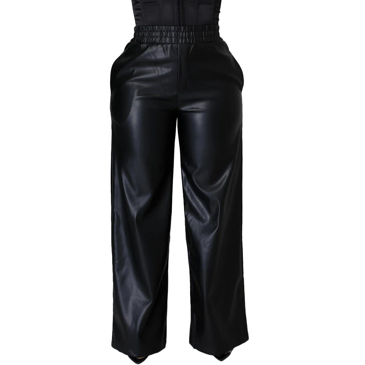 Solid Color Loose Wide Leg Pocket Faux Leather Pants