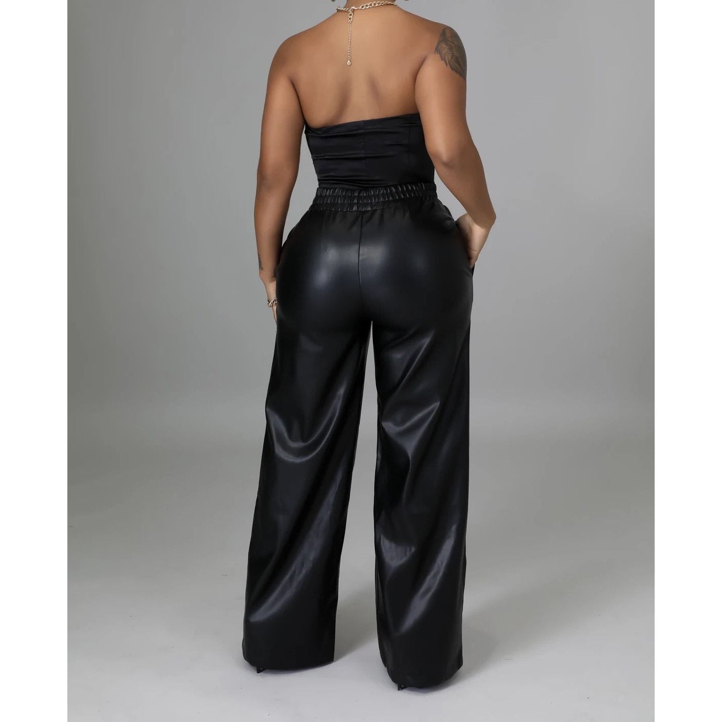 Solid Color Loose Wide Leg Pocket Faux Leather Pants