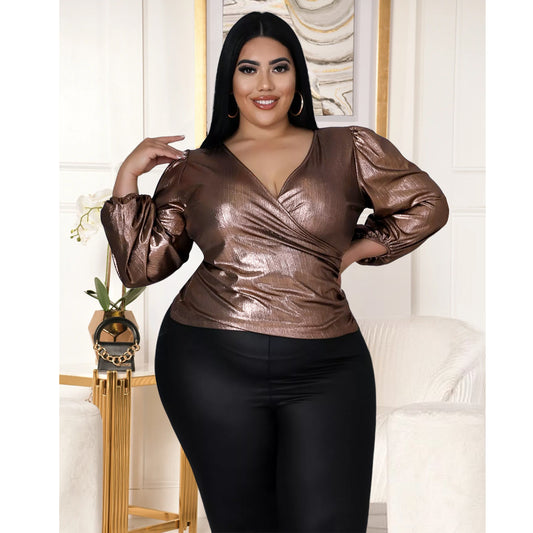 Plus Size Nightclub Fashion Bronzed Fabric V-neck Pleated Drawstring Sleeve Top