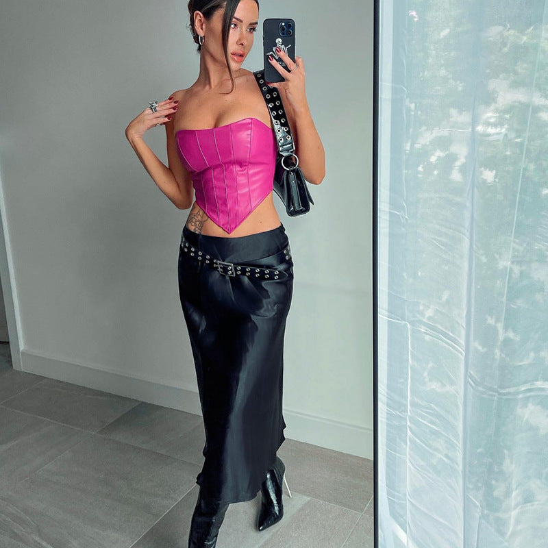 Fashionable Elegant Sexy Faux Leather Cropped Tube Top