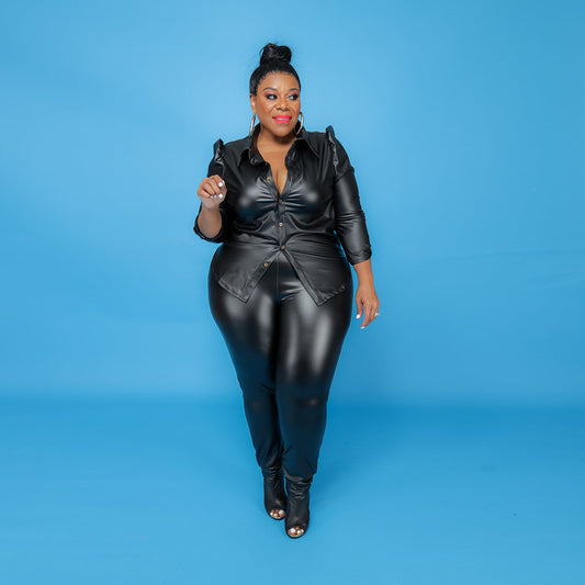 Plus Size Solid Color Leather Sexy Two-Piece Suit