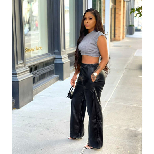 Solid Color Loose Wide Leg Pocket Faux Leather Pants