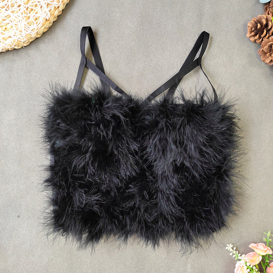 Ostrich Feather Stitching Leather Spaghetti Straps Elegant Faux Leather Feather Tube Top Vest