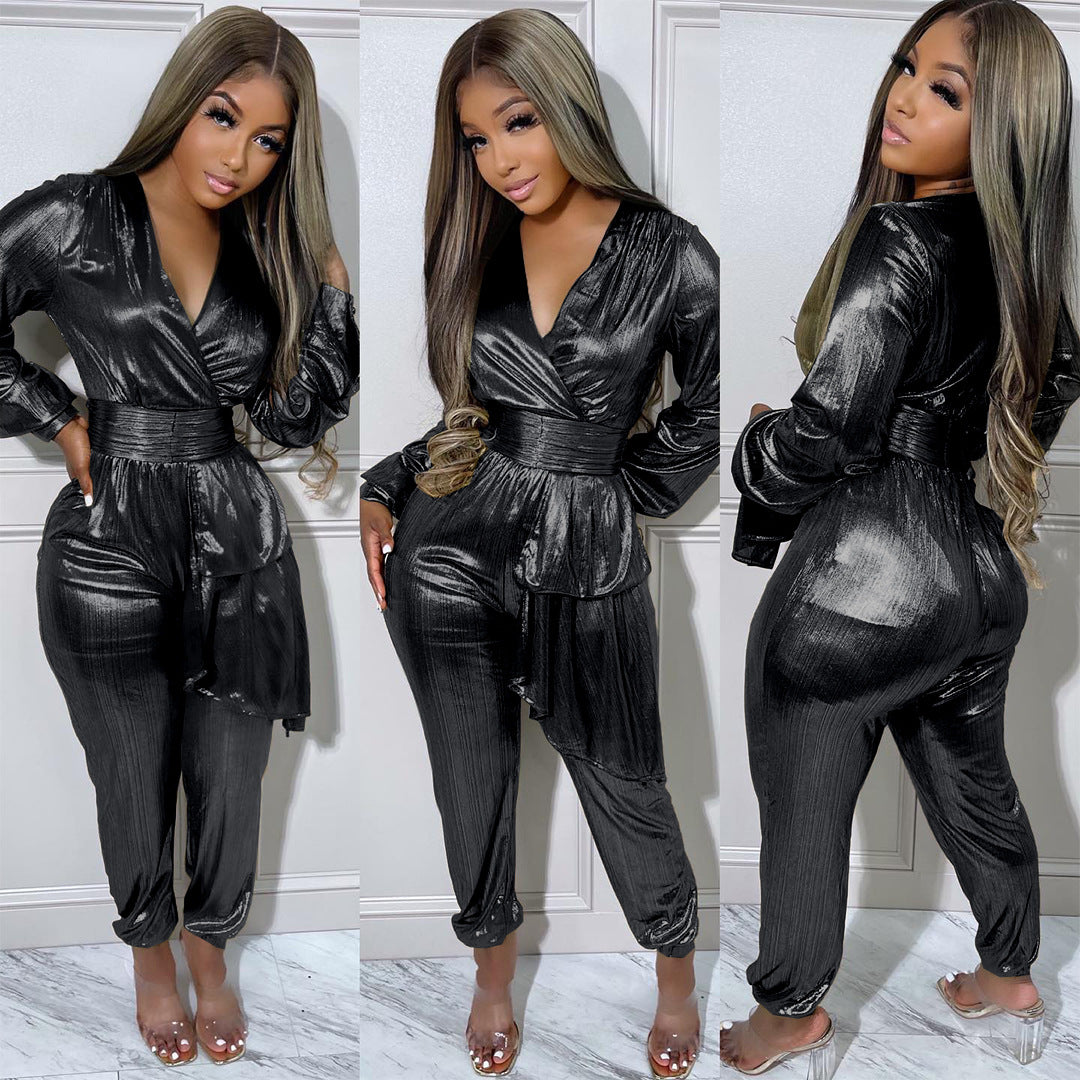 Bronzing Sunken Stripe Pleated Zipper V neck Jumpsuit