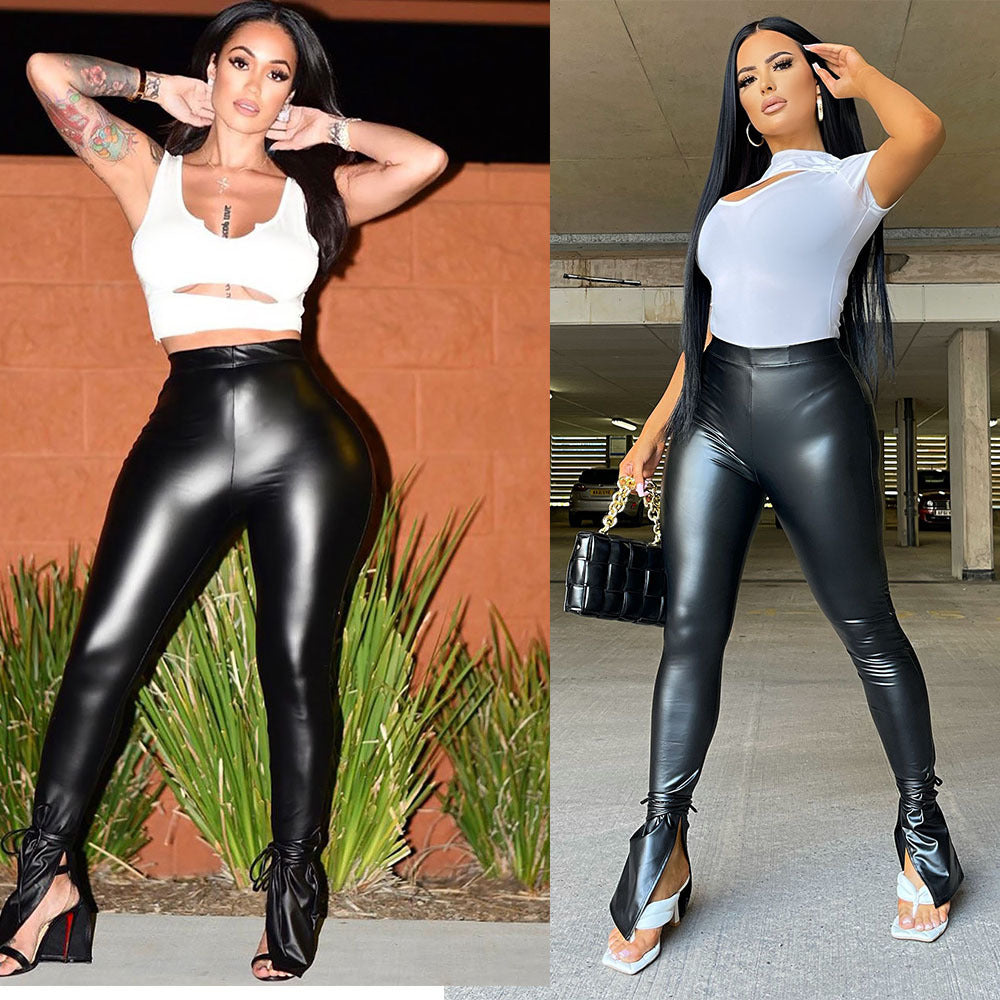 Tight High Elastic Flared Side Slit Faux Leather Trousers