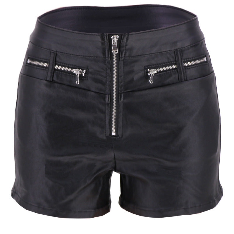 Faux Leather Denim Type Zipper Shorts