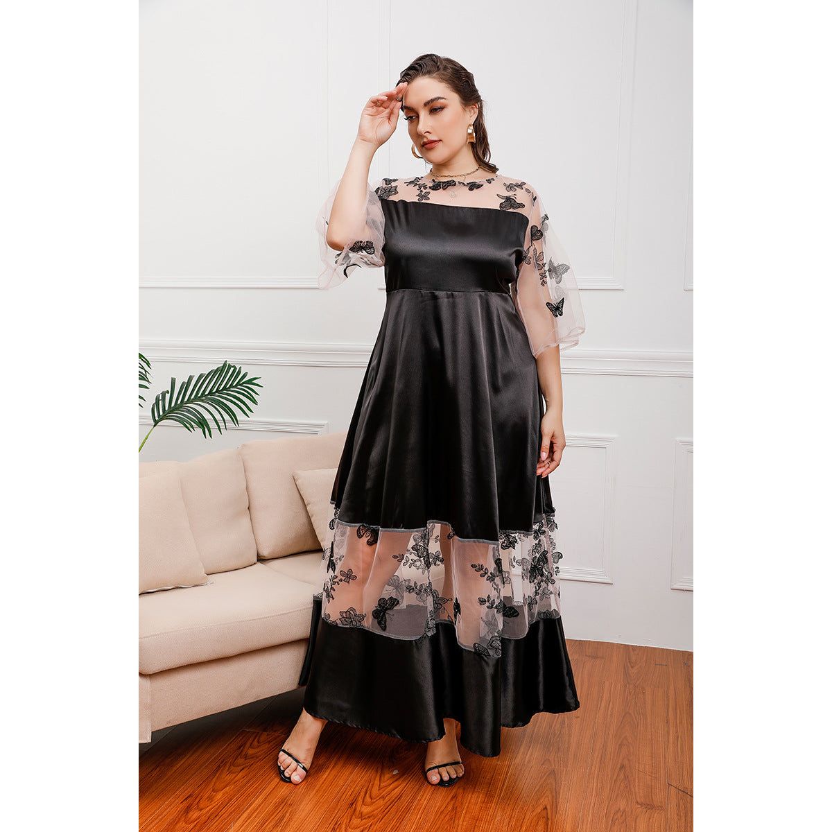 Plus Size French Royal Mesh Stitching Lace Girl Mid-Length Open Mesh Banquet Dress