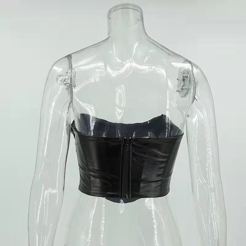 Sexy Faux Leather Wrapped Chest Backless Tube Top Corset