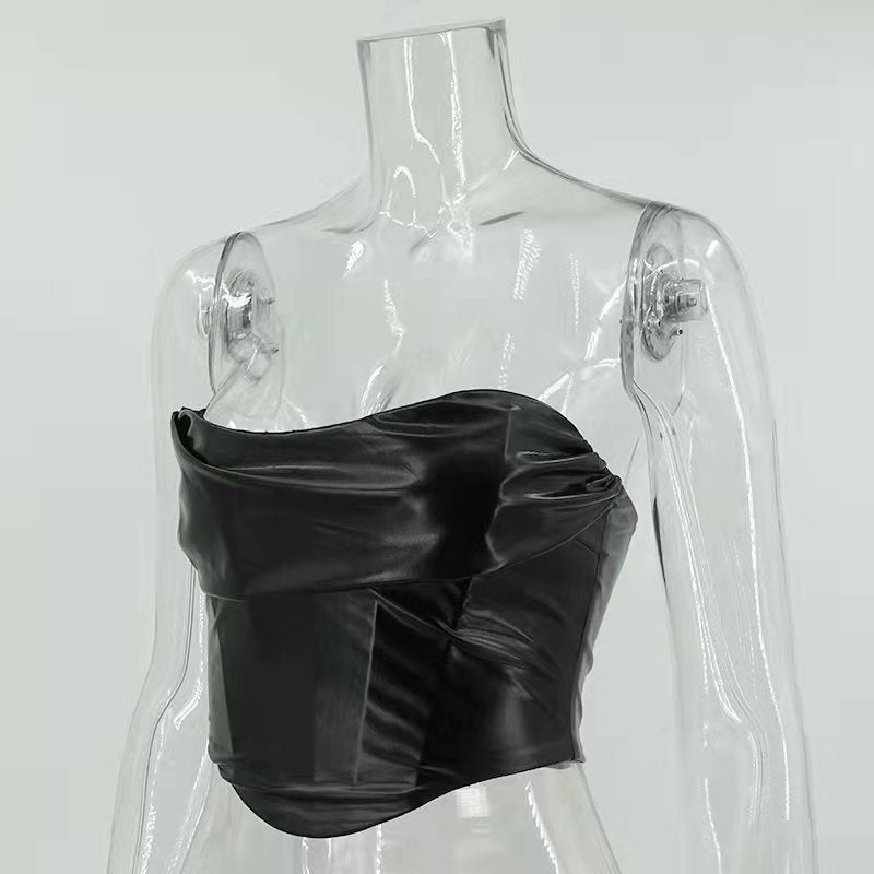 Sexy Faux Leather Wrapped Chest Backless Tube Top Corset