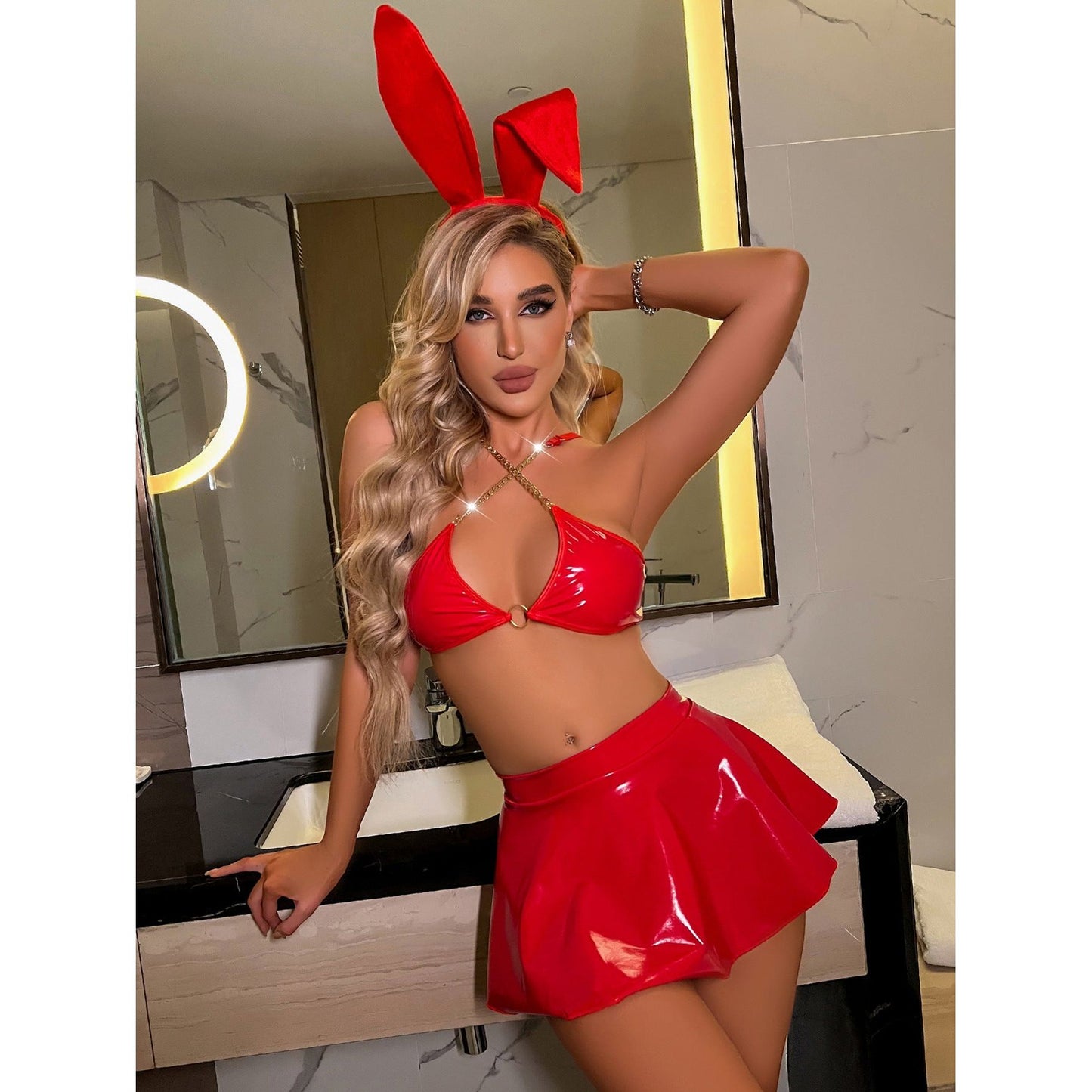 Sexy Lingerie Patent Leather Rabbit Ear Headband W/ Sexy Metal Chain Bra