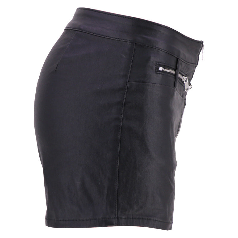 Faux Leather Denim Type Zipper Shorts