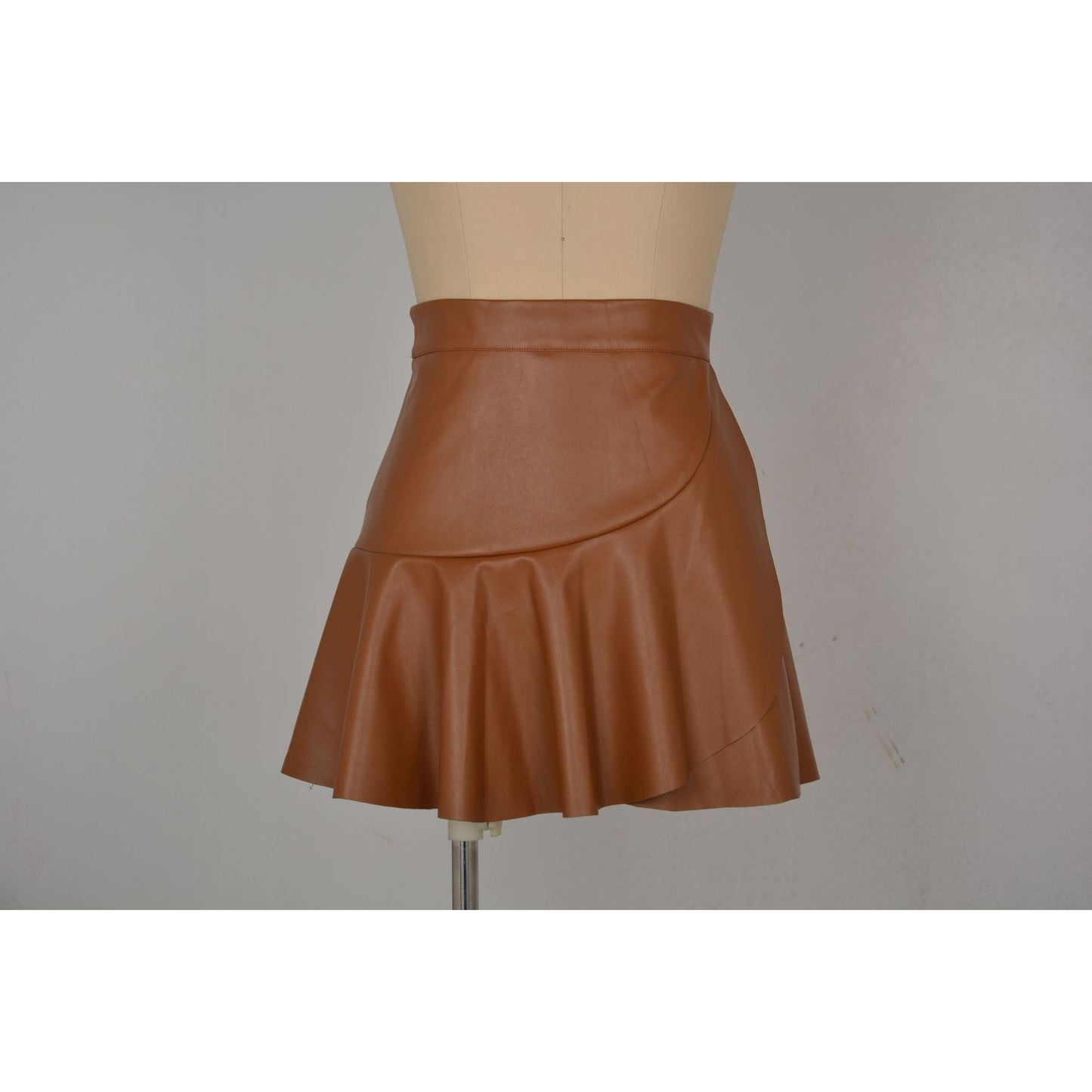 High Waist Ruffle Irregular Asymmetric Sexy Faux Leather Skirt