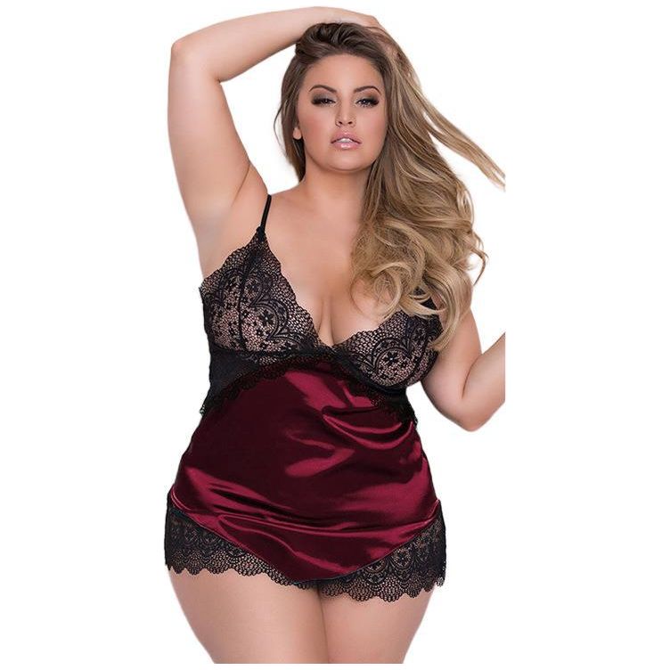 Plus Size Nightdress Lace Deep V Plunge Sexy Satin Home Lingerie