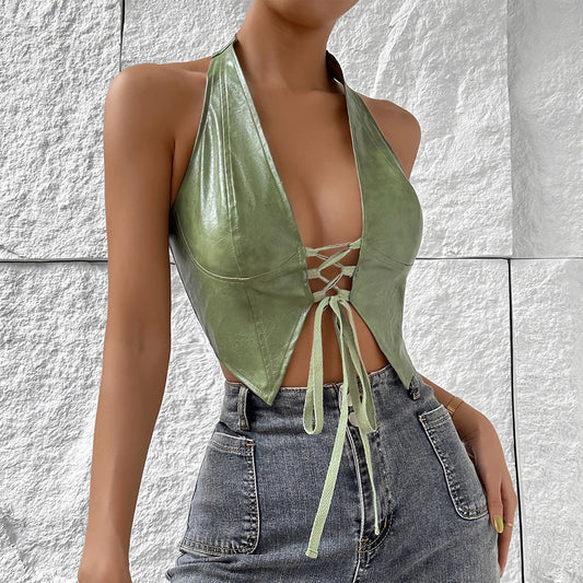 Sexy Low Cut Cardigan Solid Color Halter Faux Leather Lace up