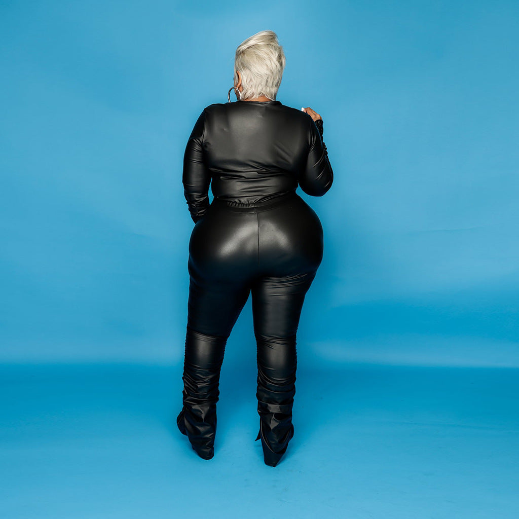 Plus Size Bright Leather Long Sleeve Two-Piece Suit