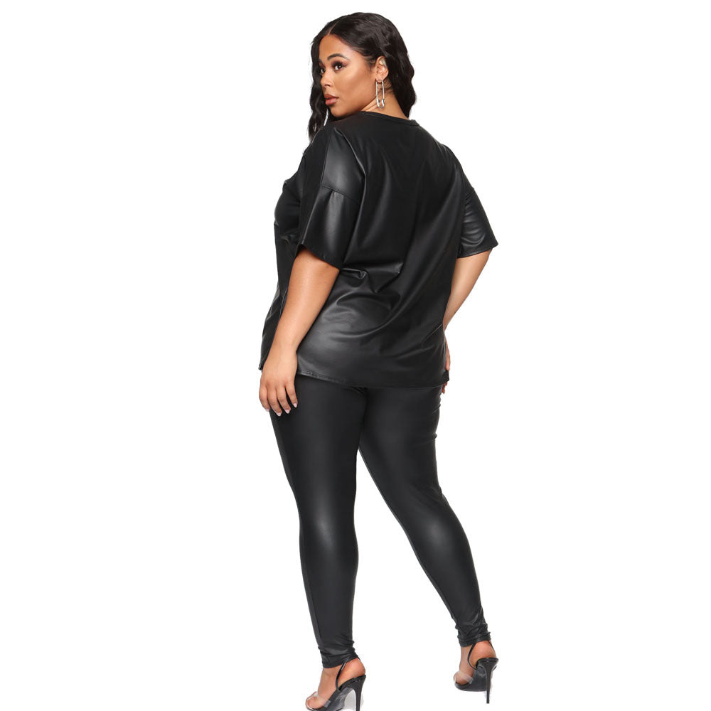 Plus Size Leather Short Sleeve Slim Trousers Casual Blazer