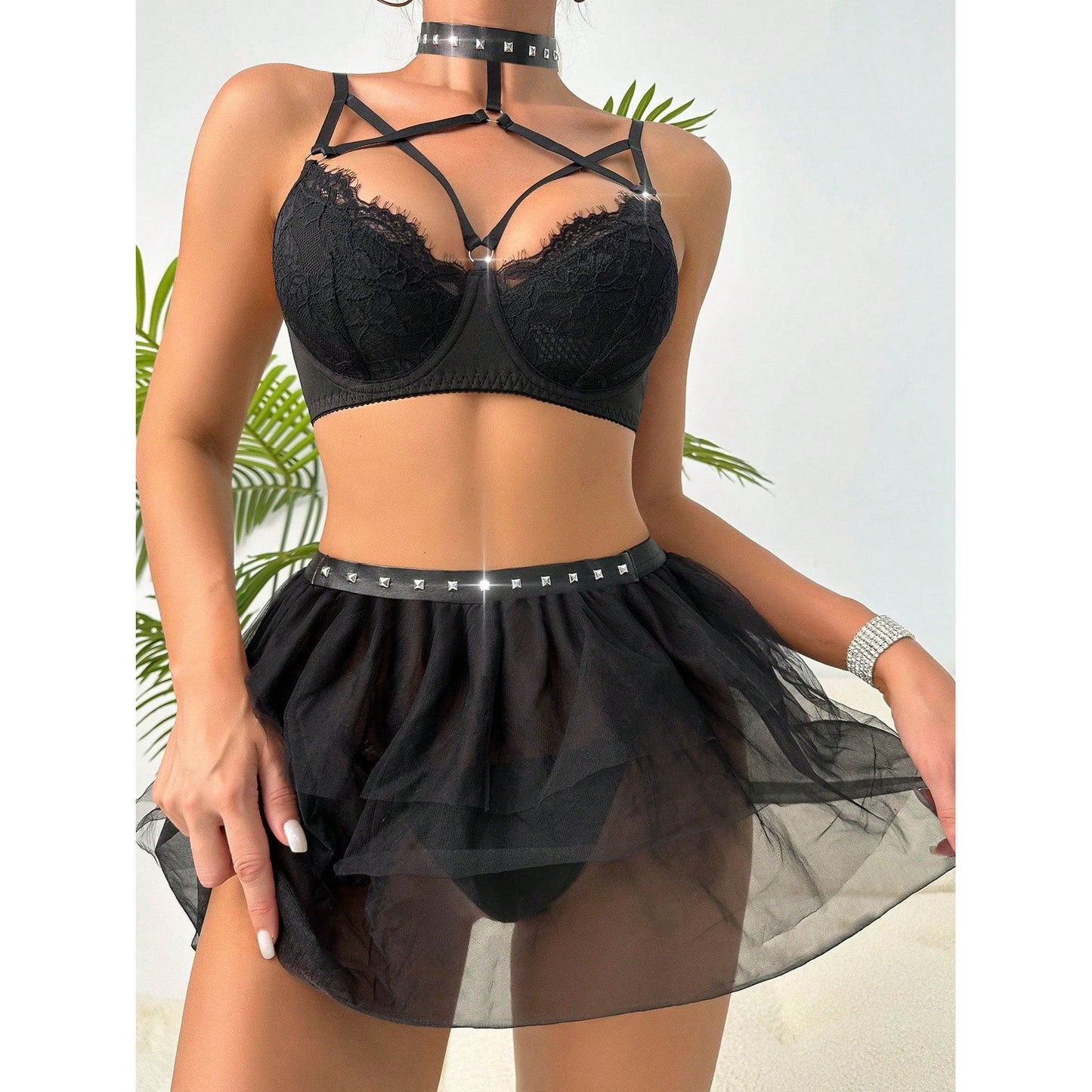 Sexy Bra Lingerie Set Solid Color Mesh Apron