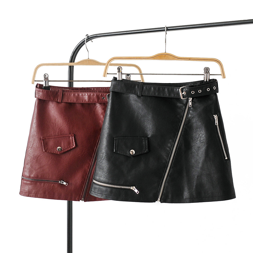 Short Faux Leather High Waist Red Wine Leather A- Line Skirt